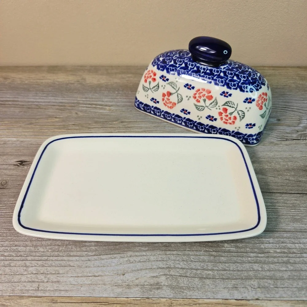 Boleslawiec Polish Pottery Butter Dish Covered Tray Floral Blue Red Hand Made 95
